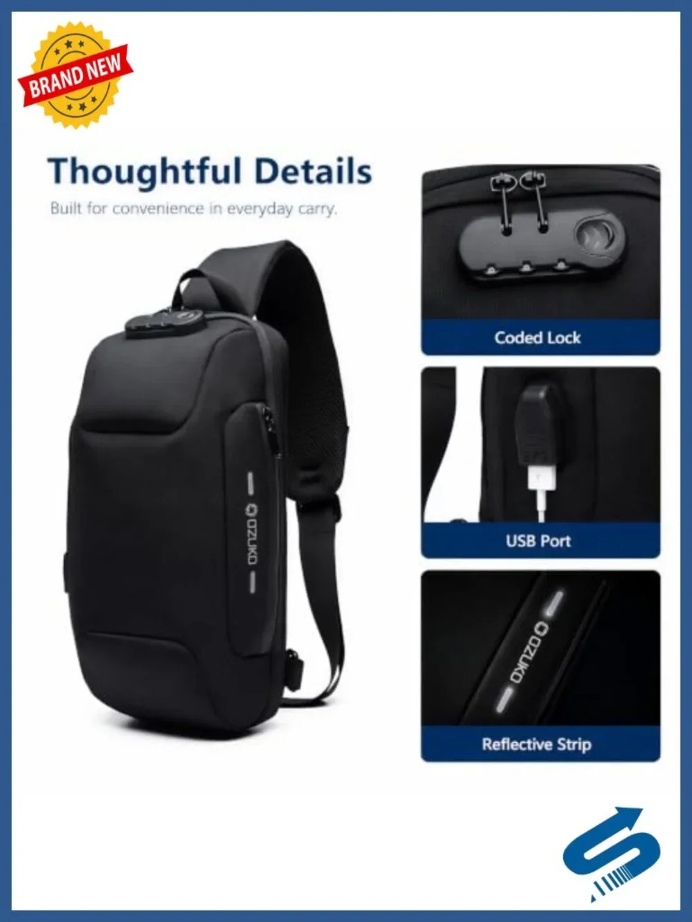 Anti-Theft Sling Backpack for Men - Waterproof Crossbody Bag with USB Port